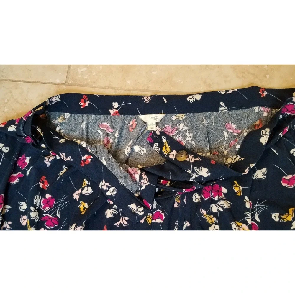 New‎ Terra Sky Women Button Front Maxi Skirt Floral Print Blue Plus 2X (20W-22W)